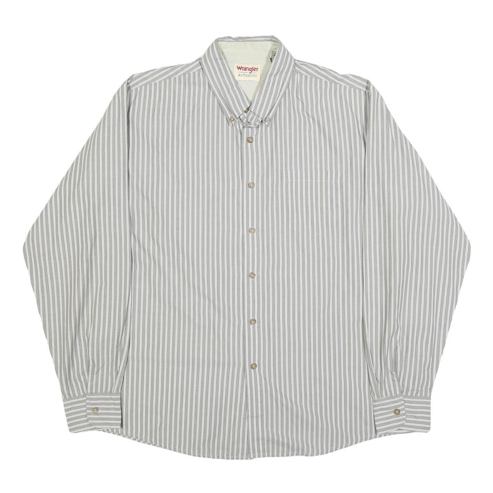 WRANGLER Mens Grey & White Stripe Cotton Blend Shirt L Button Down Collar Long