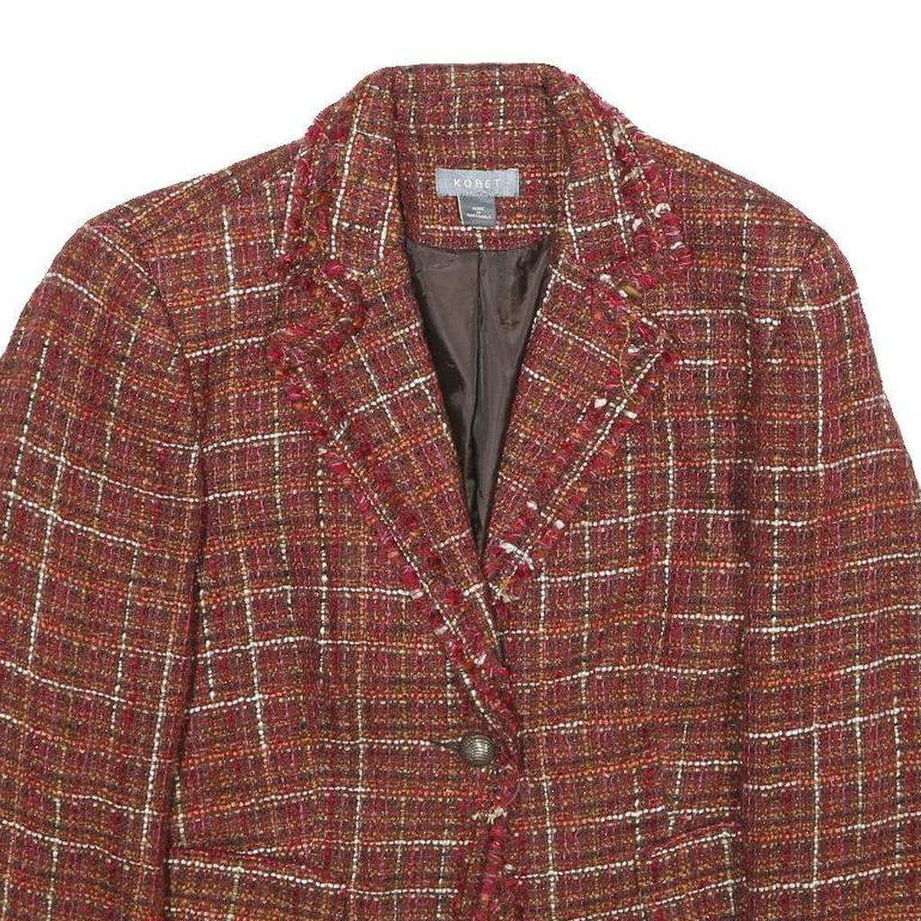KORET Womens Red Burgundy Check Tailored Jacket Acrylic Button UK 14 Tweed