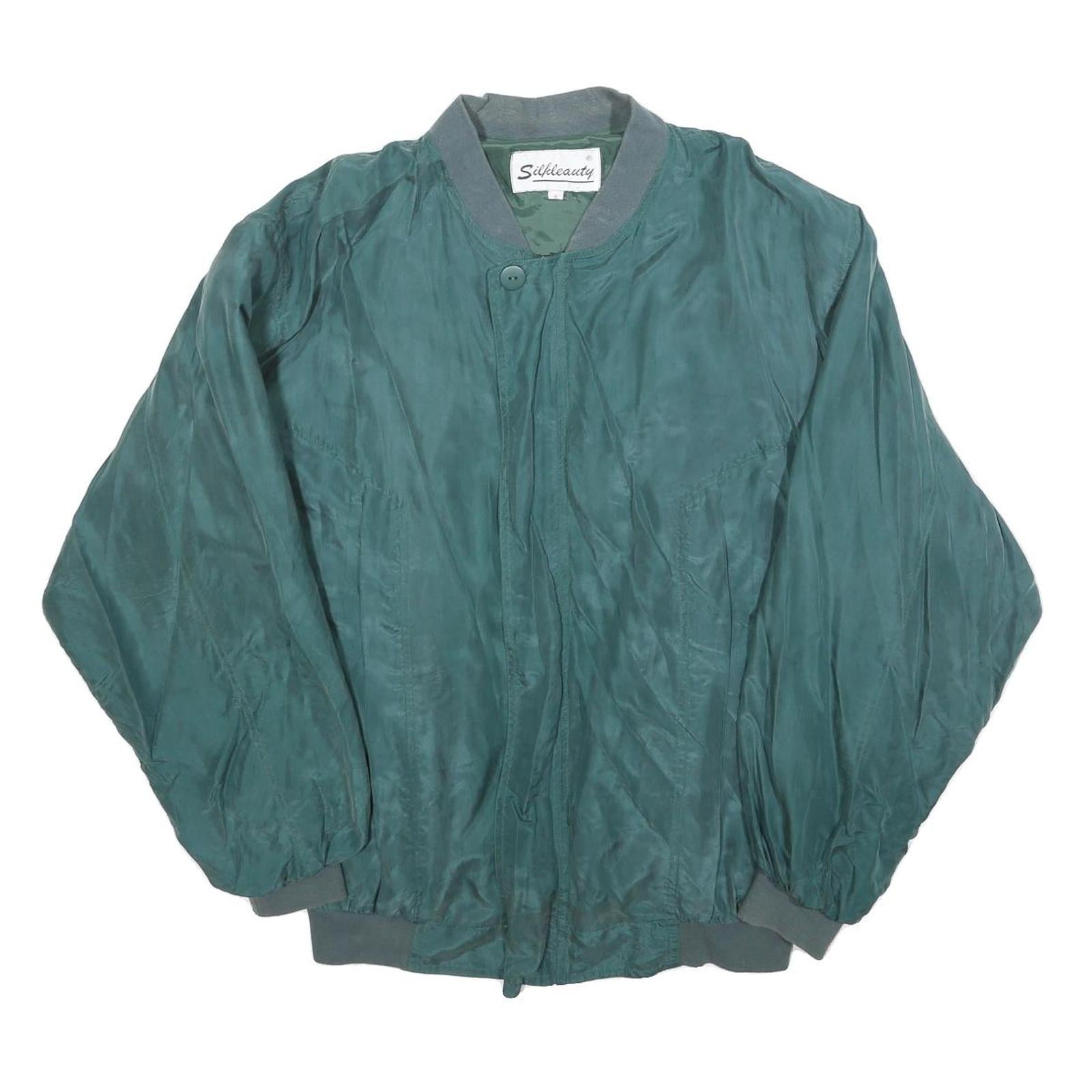 SILKBEAUTY Mens Green Silk Bomber Jacket S Woven Zip Closure Relaxed Fit