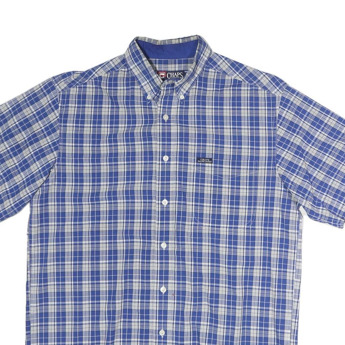 CHAPS Mens Blue & White Plaid Shirt M Short Sleeve Button-Down Casual Cotton