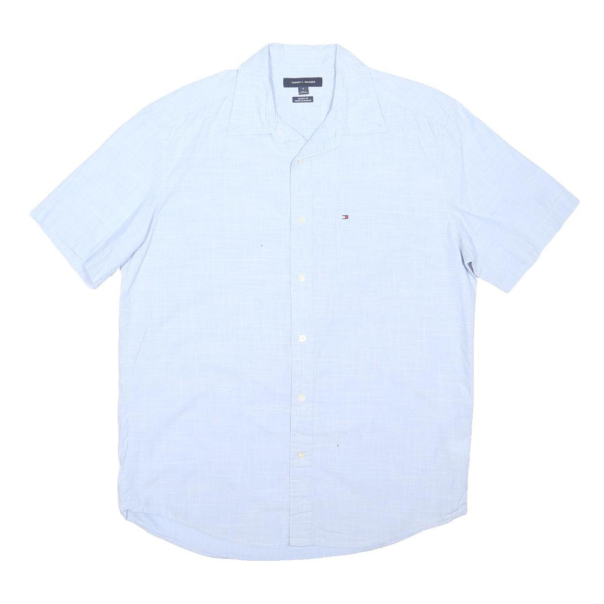 TOMMY HILFIGER Mens Light Blue Plain Short Sleeve Shirt M Cotton Blend Casual