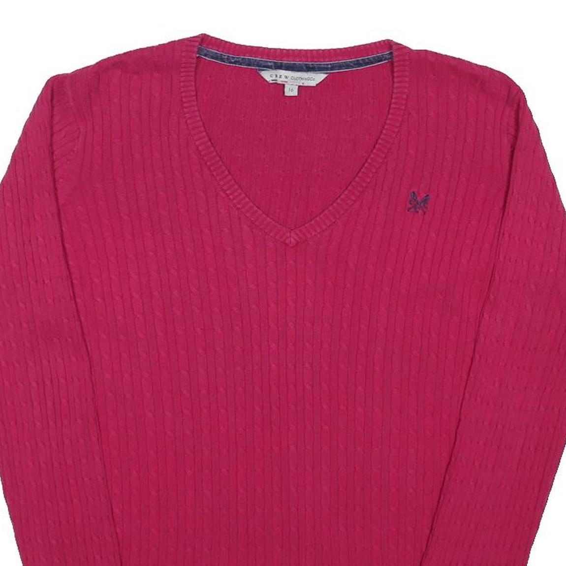 CREW CLOTHING Womens Pink Patterned Jumper V-Neck Cable Knit UK 16 Cotton Blend