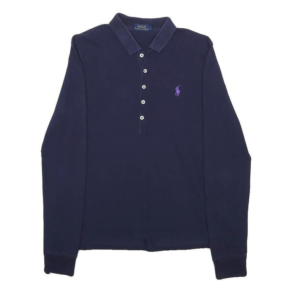 POLO RALPH LAUREN Womens Navy Blue Long Sleeve Plain L Cotton Blend Polo Shirt
