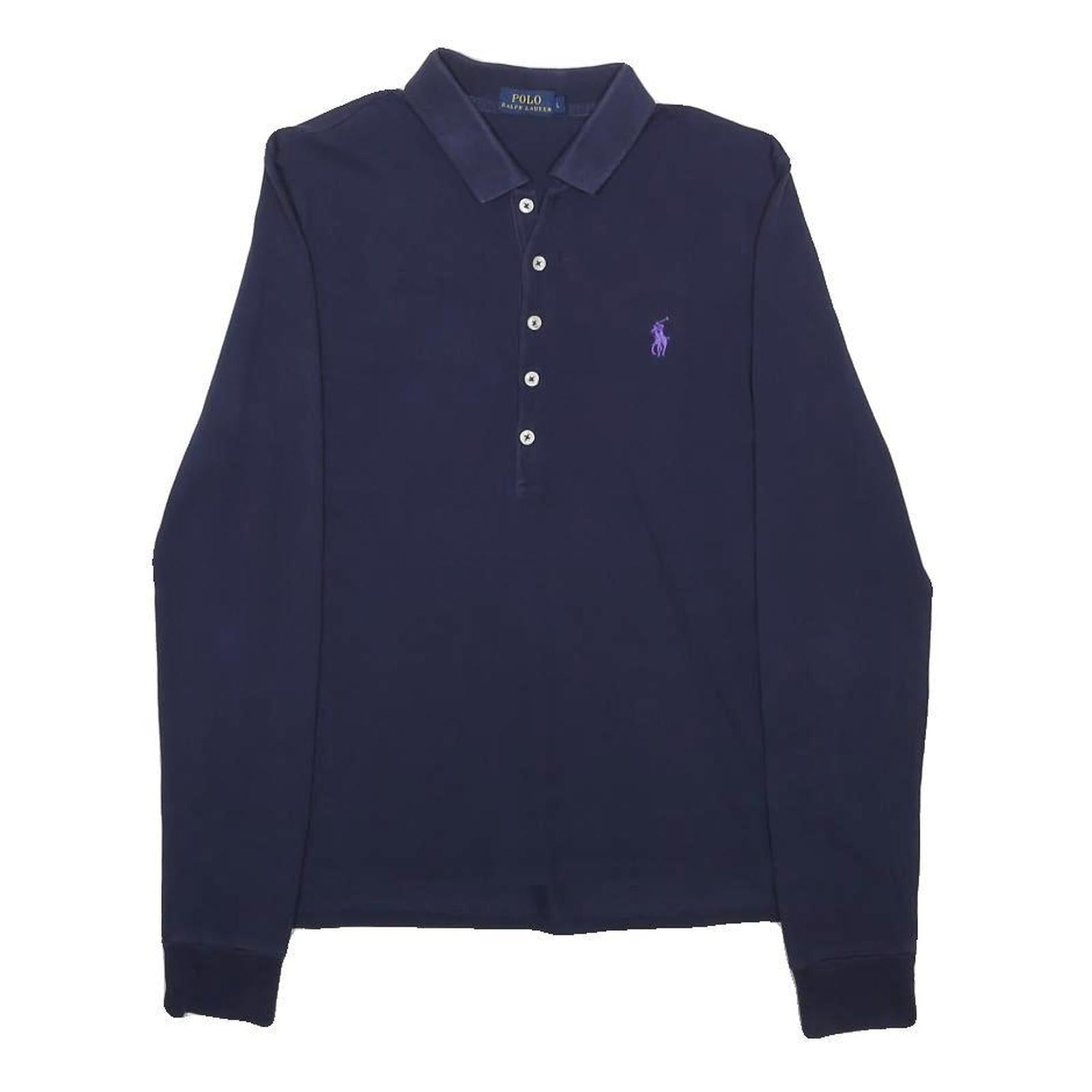 POLO RALPH LAUREN Womens Navy Blue Long Sleeve Plain L Cotton Blend Polo Shirt