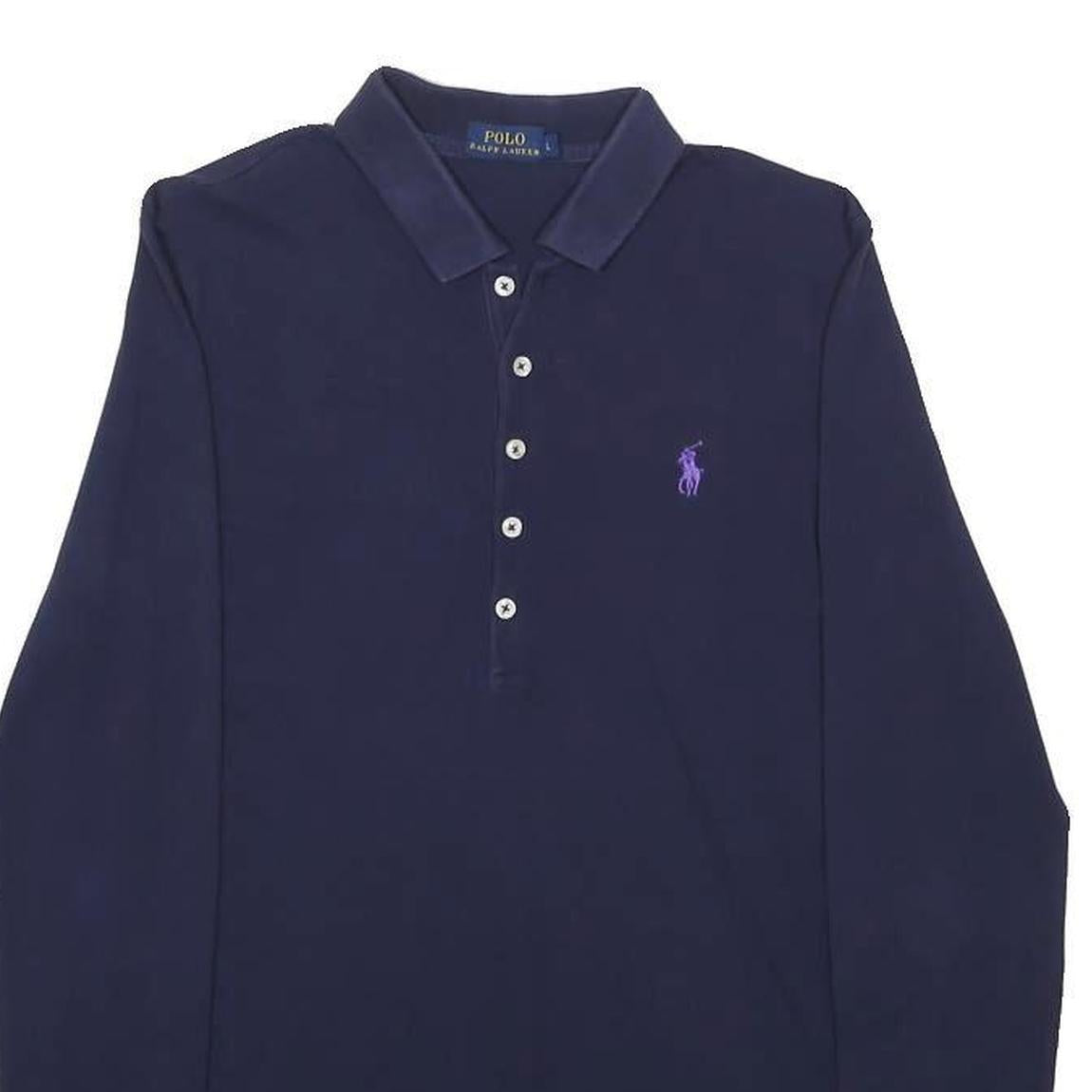 POLO RALPH LAUREN Womens Navy Blue Long Sleeve Plain L Cotton Blend Polo Shirt