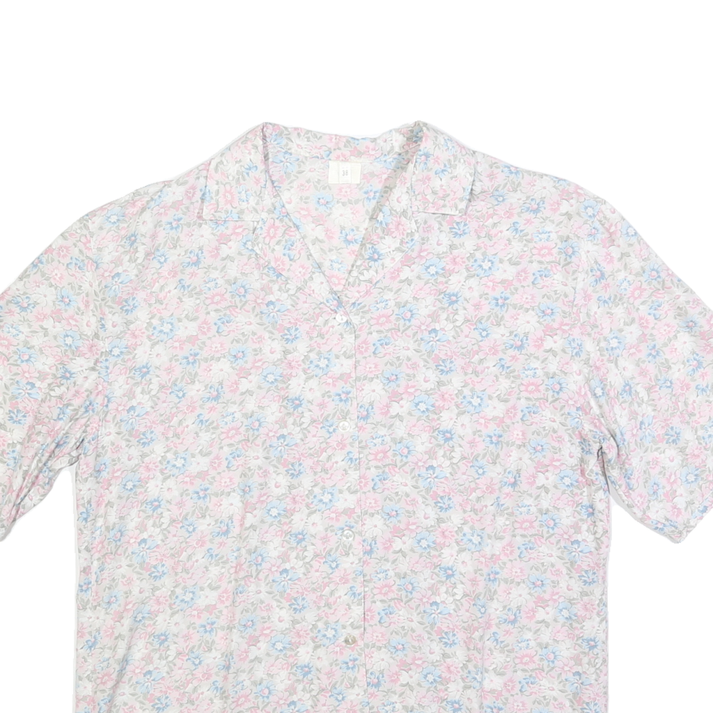 Womens White Pink Blue Floral Shirt M Lightweight Button Up Summer
