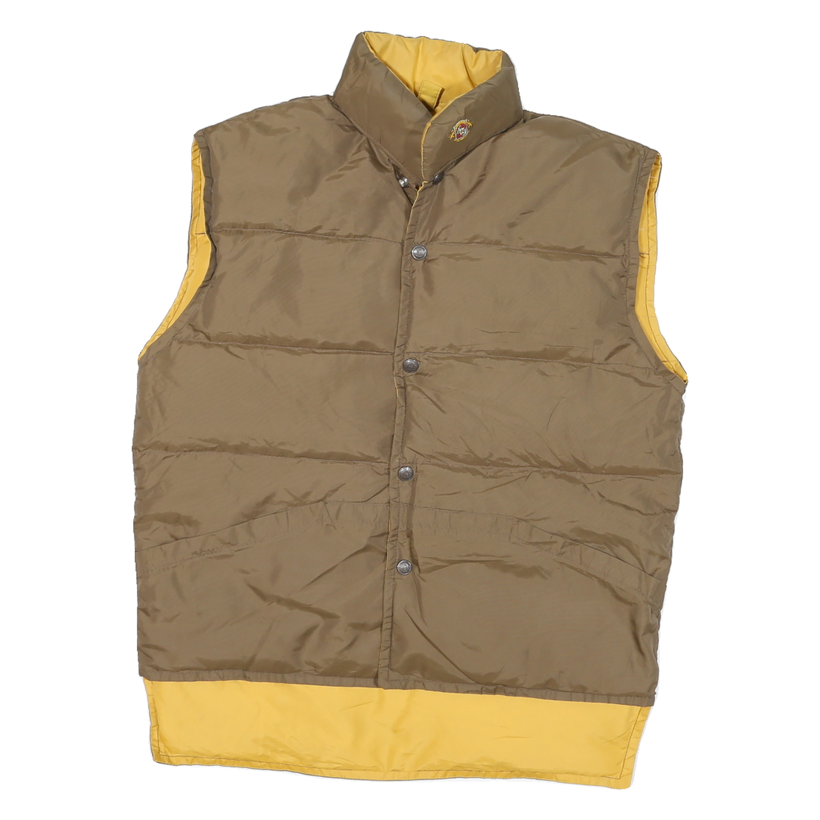 Womens Beige & Yellow Reversible Button Polyester Blend Puffer Vest M Plain