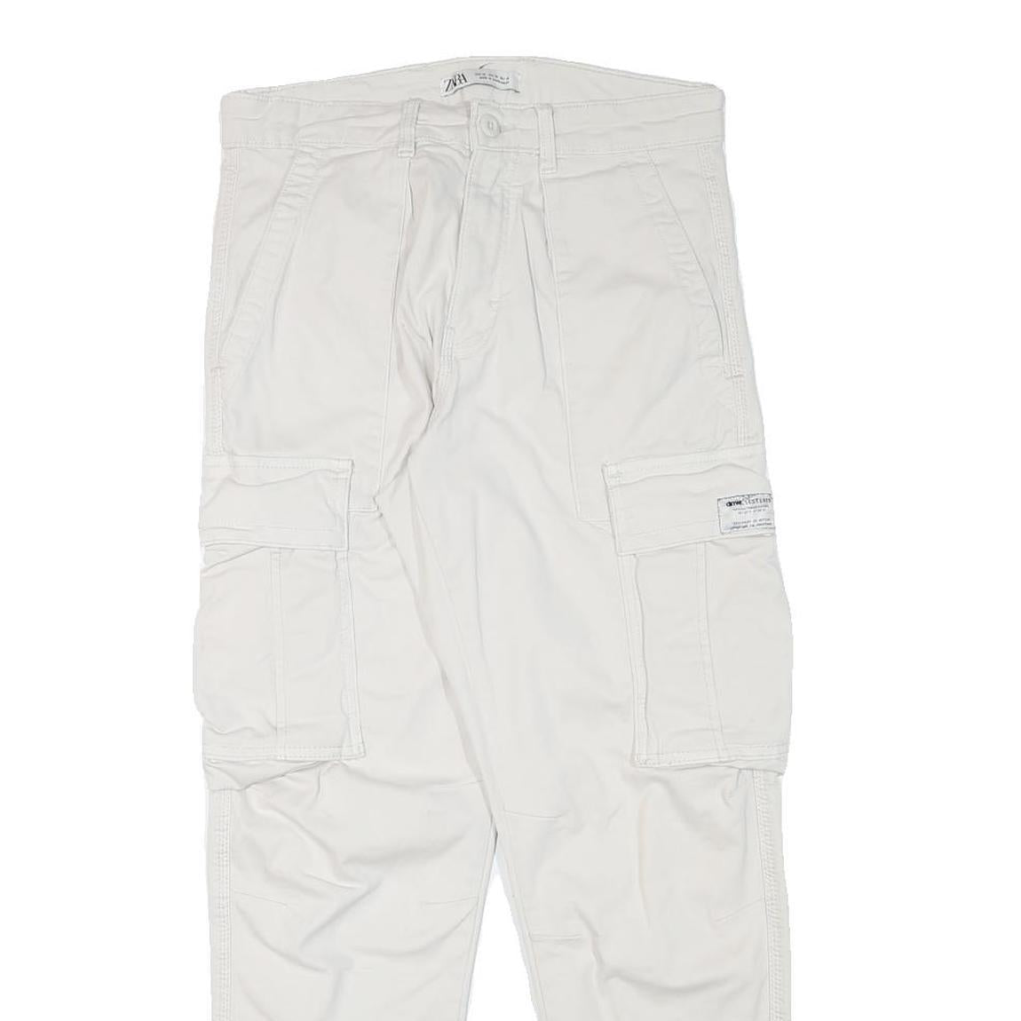 ZARA Womens Cotton Blend White Relaxed Cargo Trousers W30 L27 Casual Utility Zip