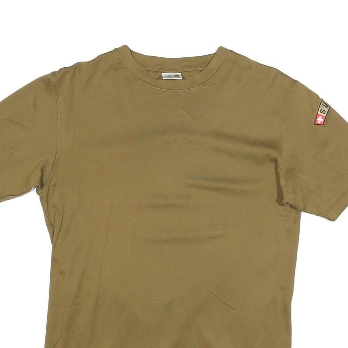 Mens Beige Cotton Blend T-Shirt S Short Sleeve Crew Neck Patch Detail