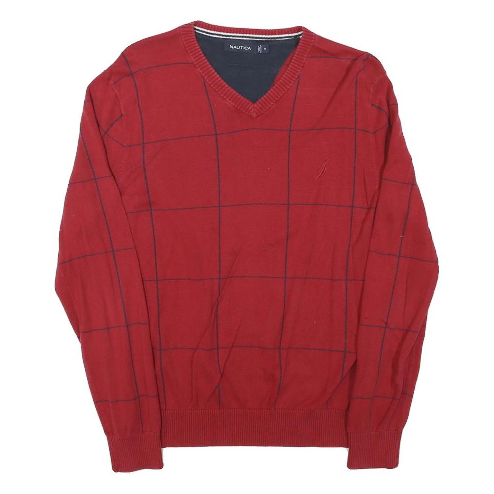 NAUTICA Mens Red Patterned V-Neck Jumper Basic Knit M Cotton Blend Classic Style