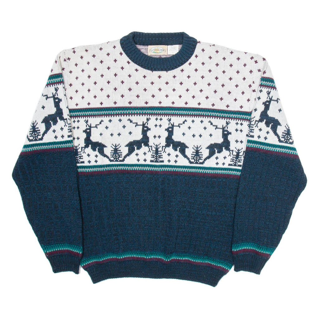 FLATIRON MILLS Mens Patterned Jumper White Crazy Pattern Tight Knit L