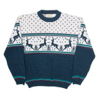 FLATIRON MILLS Mens Patterned Jumper White Crazy Pattern Tight Knit L
