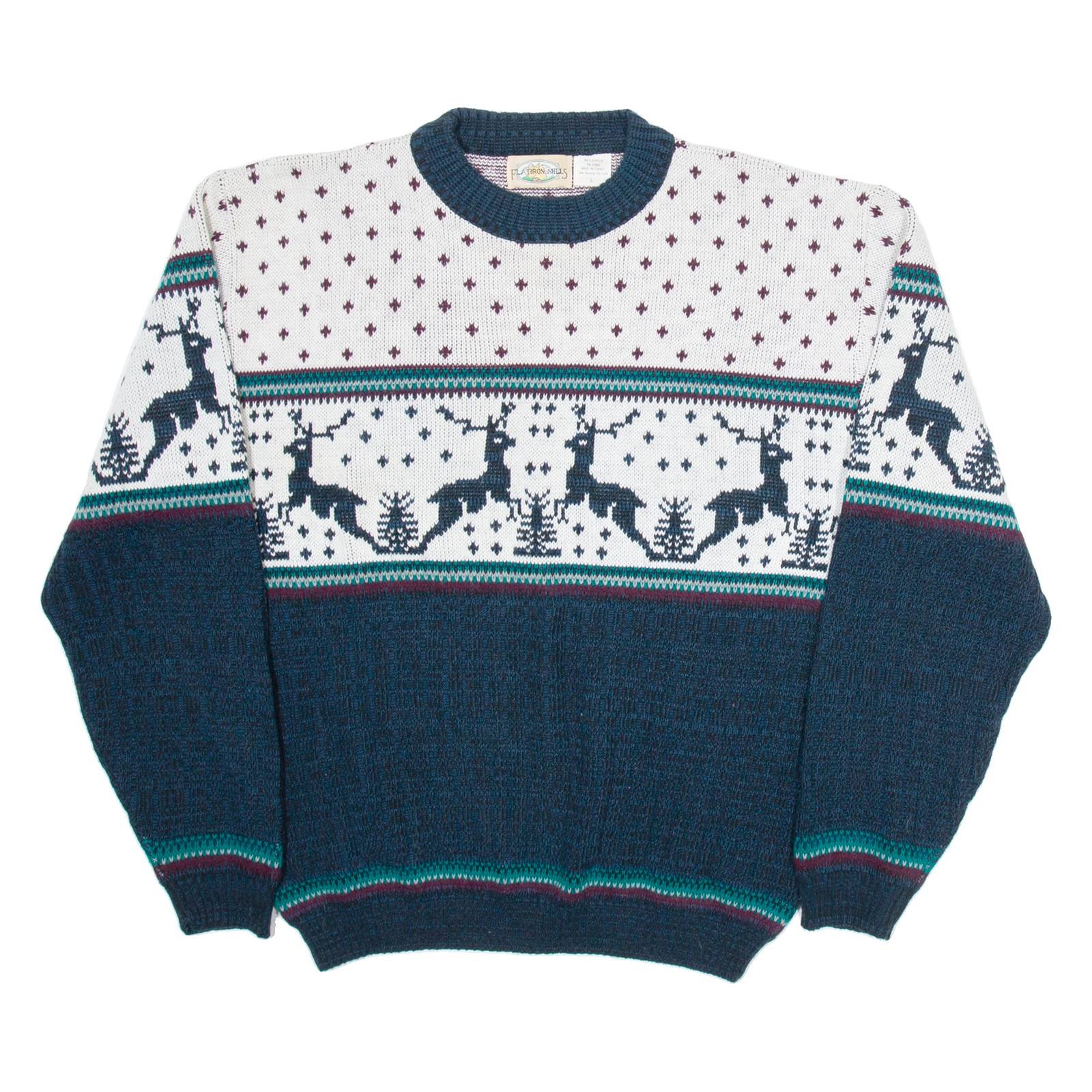 FLATIRON MILLS Mens Patterned Jumper White Crazy Pattern Tight Knit L