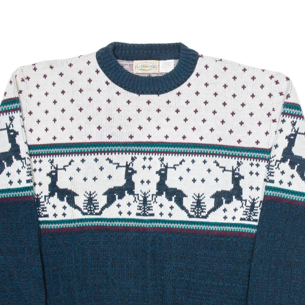 FLATIRON MILLS Mens Patterned Jumper White Crazy Pattern Tight Knit L