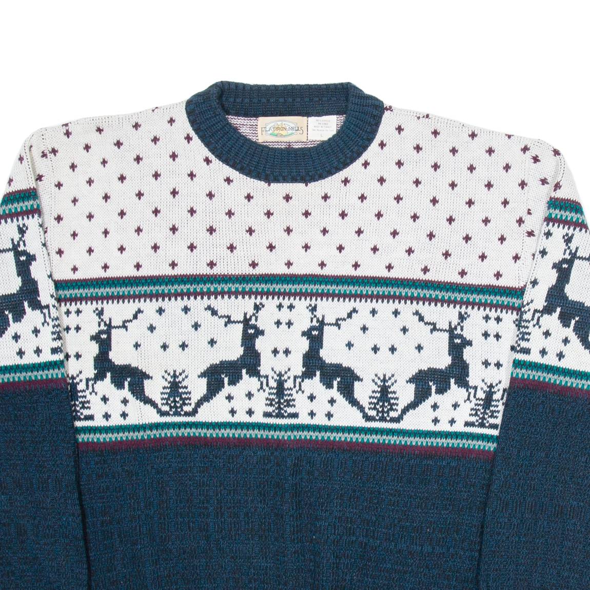 FLATIRON MILLS Mens Patterned Jumper White Crazy Pattern Tight Knit L