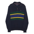 TOMMY HILFIGER Mens Navy Blue Green Yellow Striped Pattern Jumper 1/4 Zip