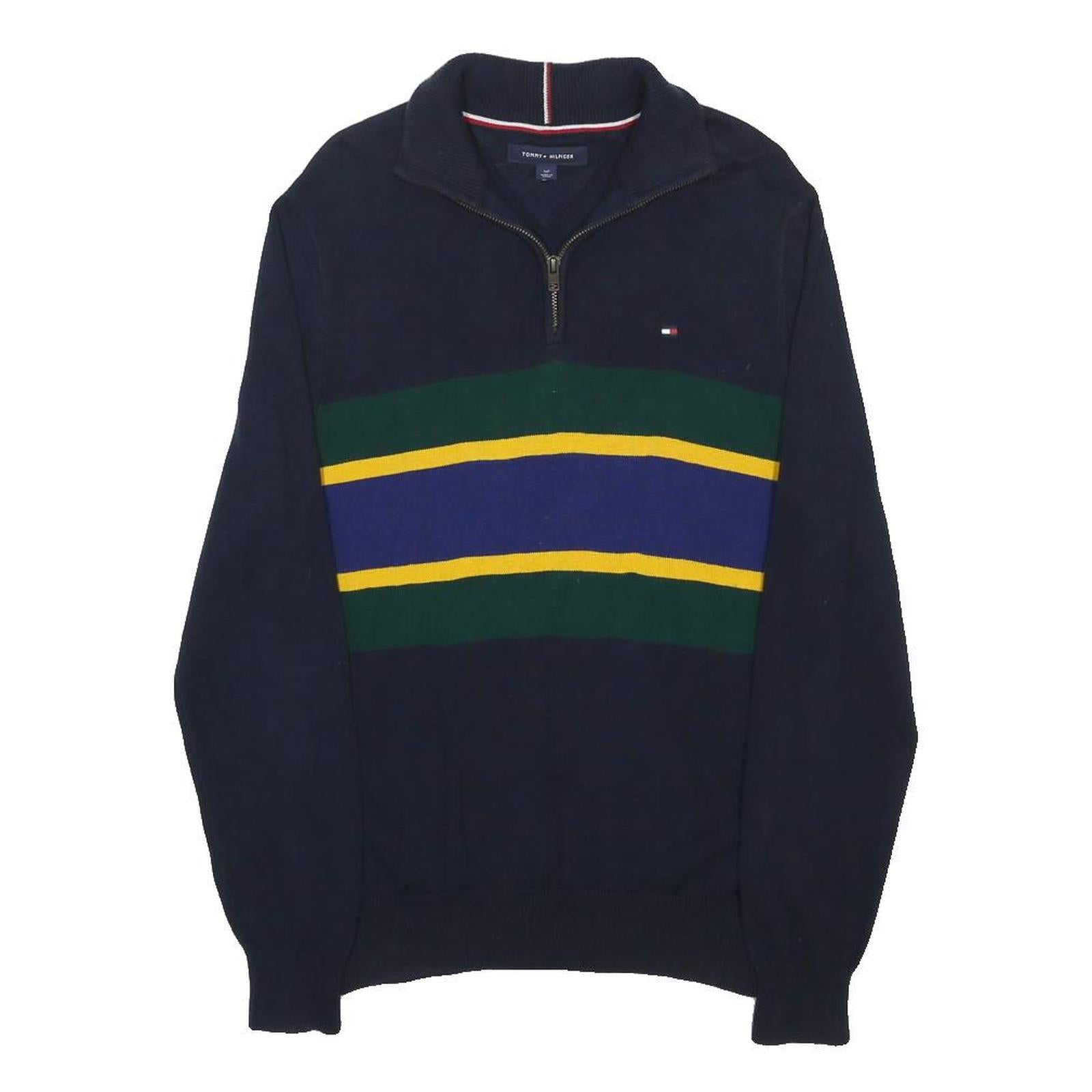 TOMMY HILFIGER Mens Navy Blue Green Yellow Striped Pattern Jumper 1/4 Zip