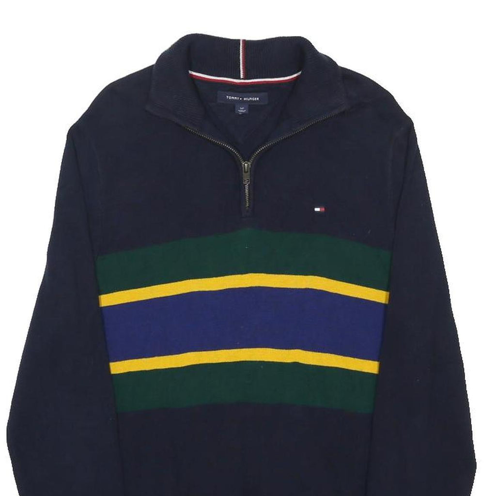 TOMMY HILFIGER Mens Navy Blue Green Yellow Striped Pattern Jumper 1/4 Zip