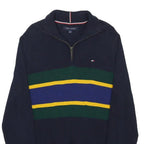 TOMMY HILFIGER Mens Navy Blue Green Yellow Striped Pattern Jumper 1/4 Zip