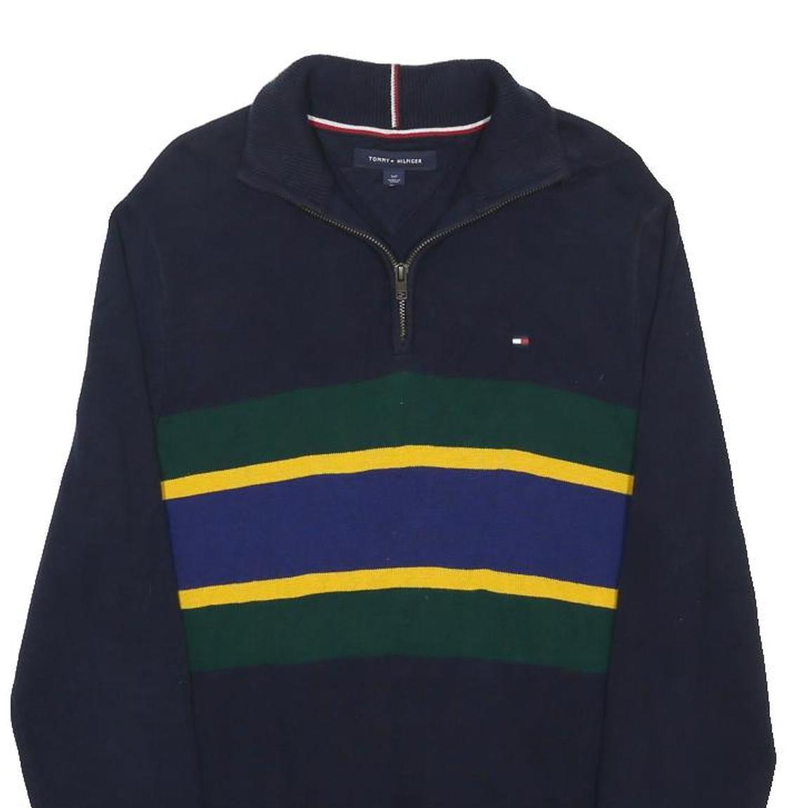 TOMMY HILFIGER Mens Navy Blue Green Yellow Striped Pattern Jumper 1/4 Zip