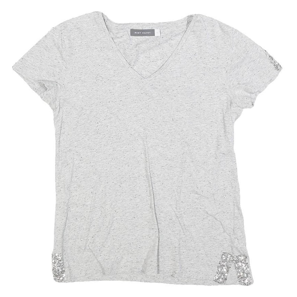 MINT VELVET Womens Grey Silver Embellished Short Sleeve V-Neck Top XS
