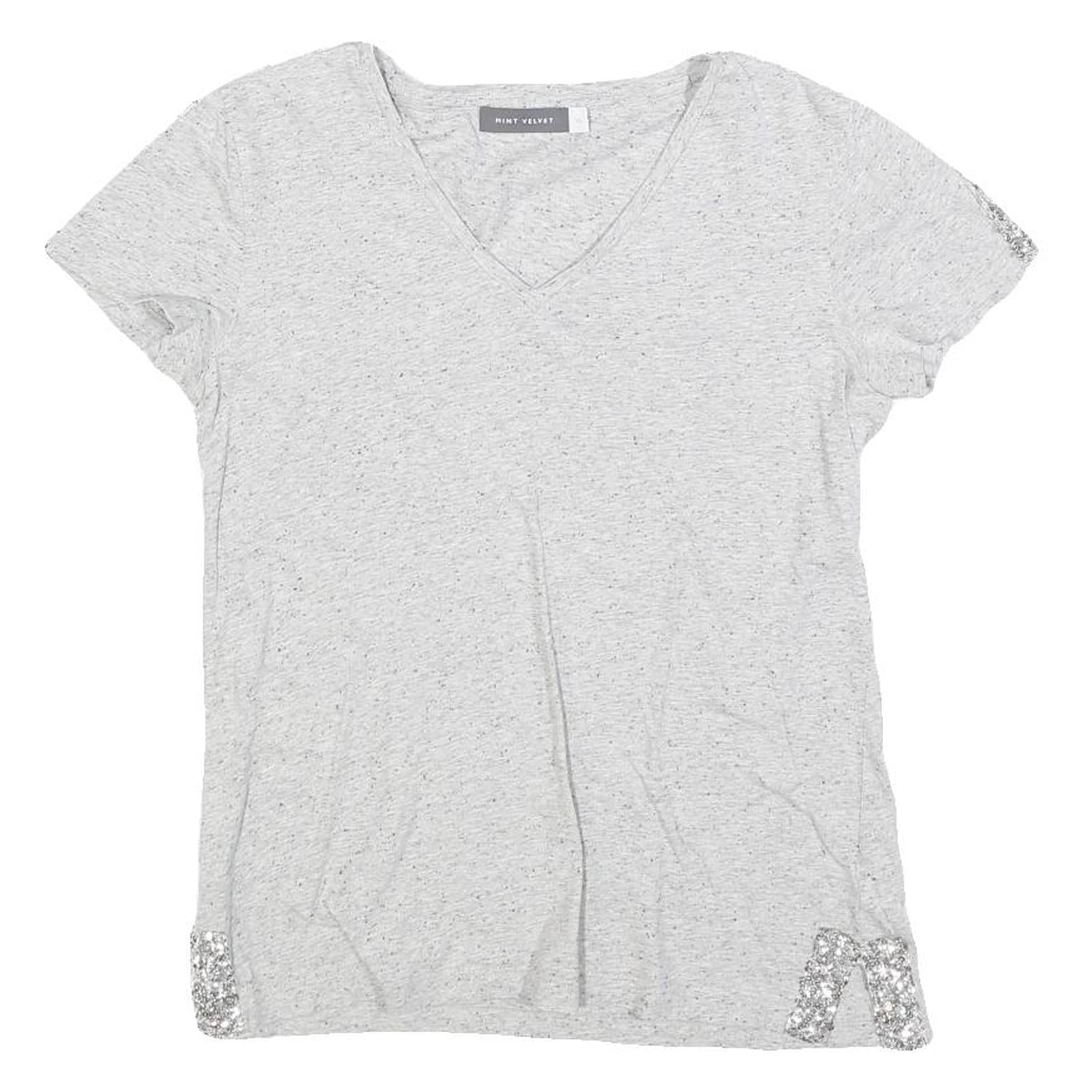 MINT VELVET Womens Grey Silver Embellished Short Sleeve V-Neck Top XS