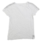 MINT VELVET Womens Grey Silver Embellished Short Sleeve V-Neck Top XS