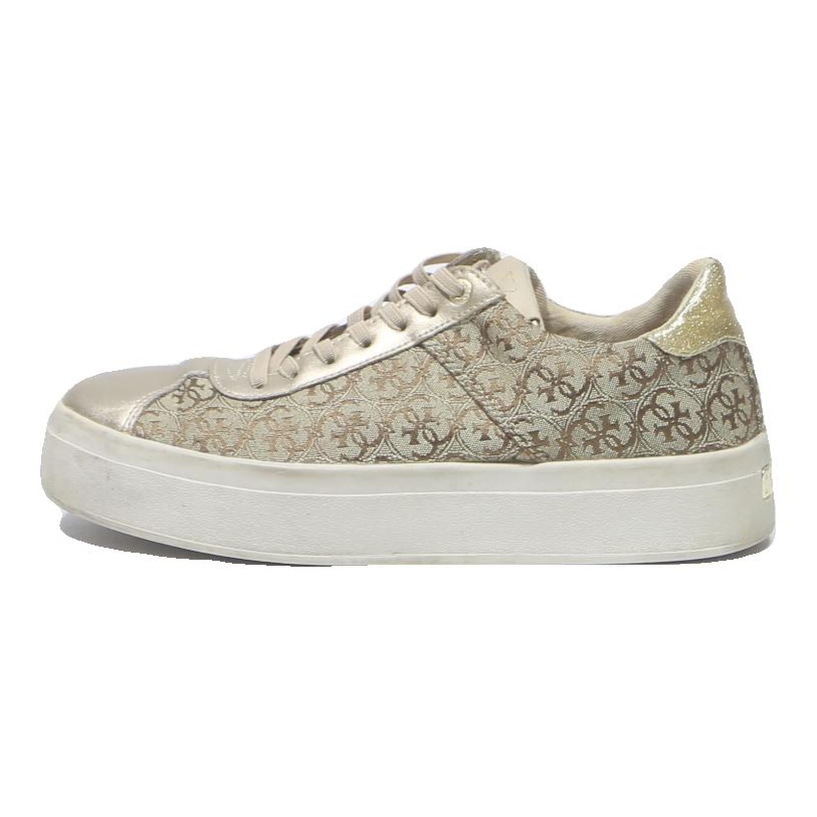 GUESS Low Top Womens Canvas Trainers Beige Brown UK 4 Platform Casual Shoes