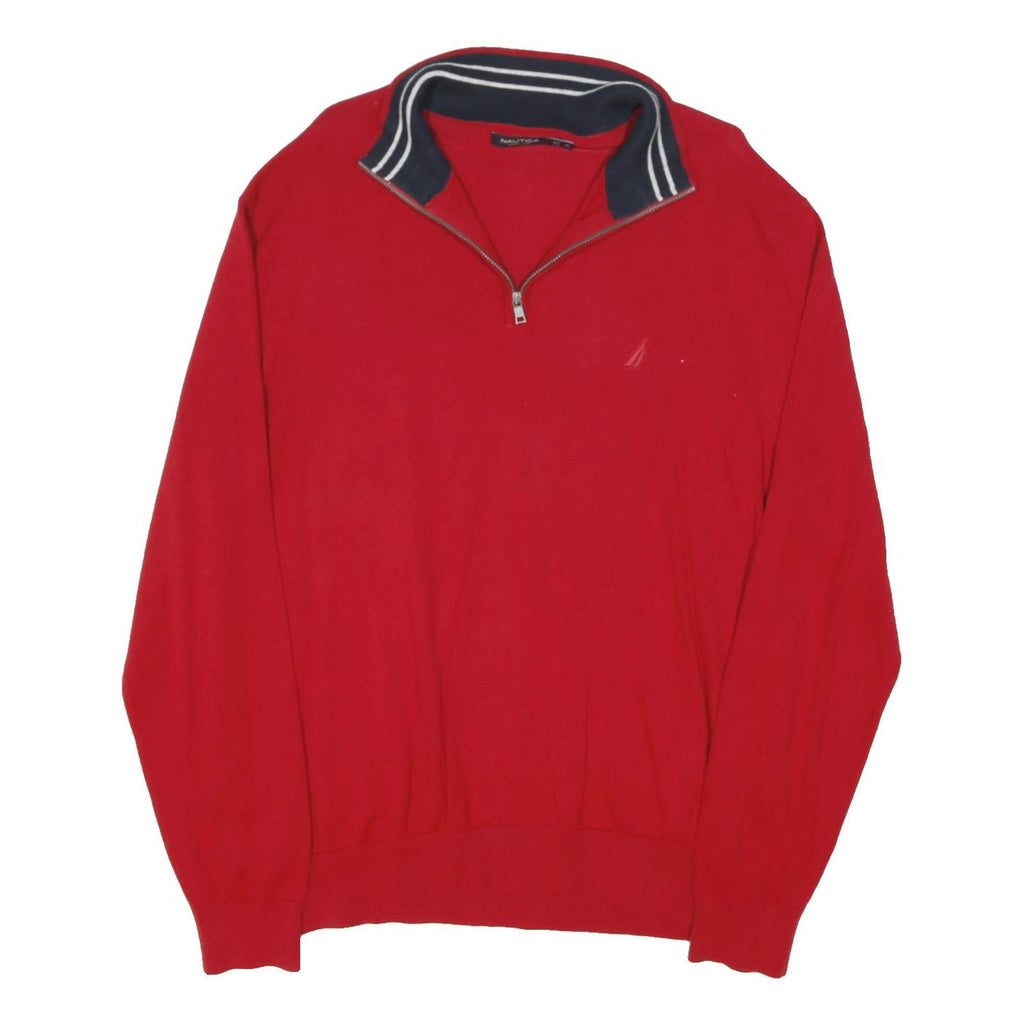 NAUTICA Mens Red Cotton Blend Pullover Plain 1/4 Zip Jumper XL Casual Fit