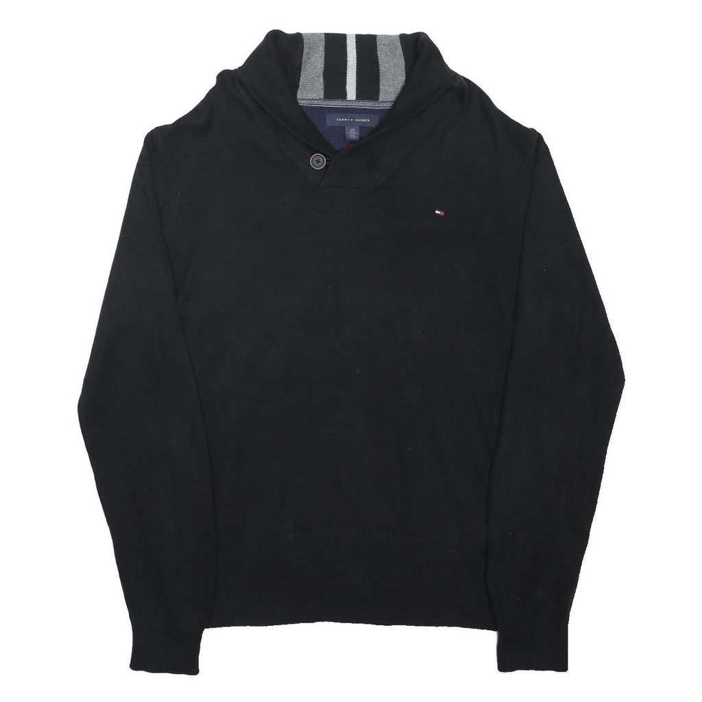 TOMMY HILFIGER Mens Black Cotton Blend Button Jacket L Shawl Collar Knitwear