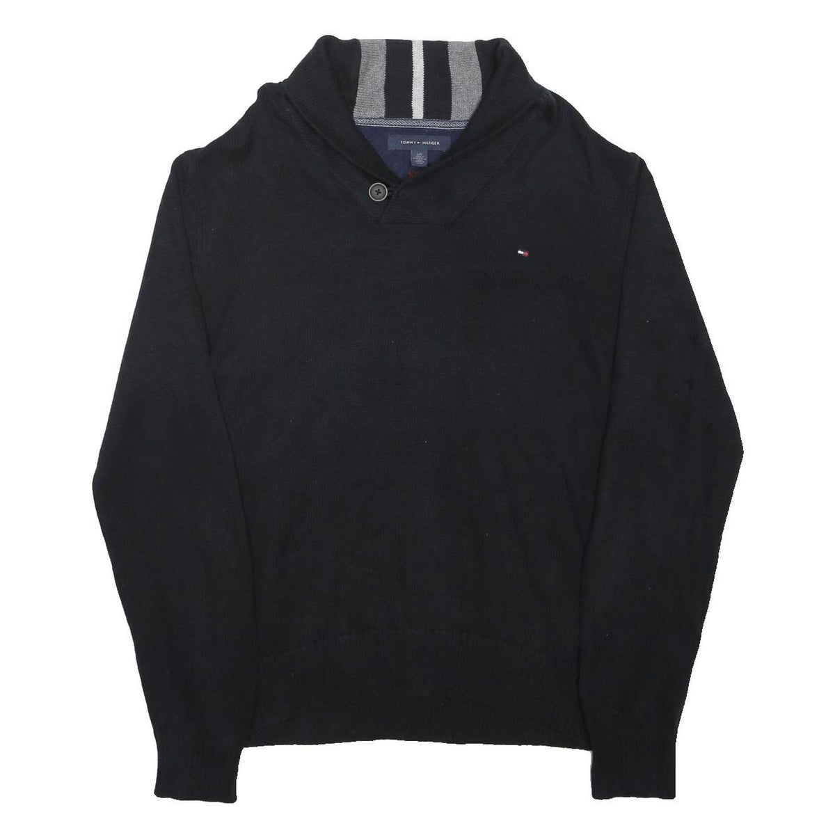 TOMMY HILFIGER Mens Black Cotton Blend Button Jacket L Shawl Collar Knitwear