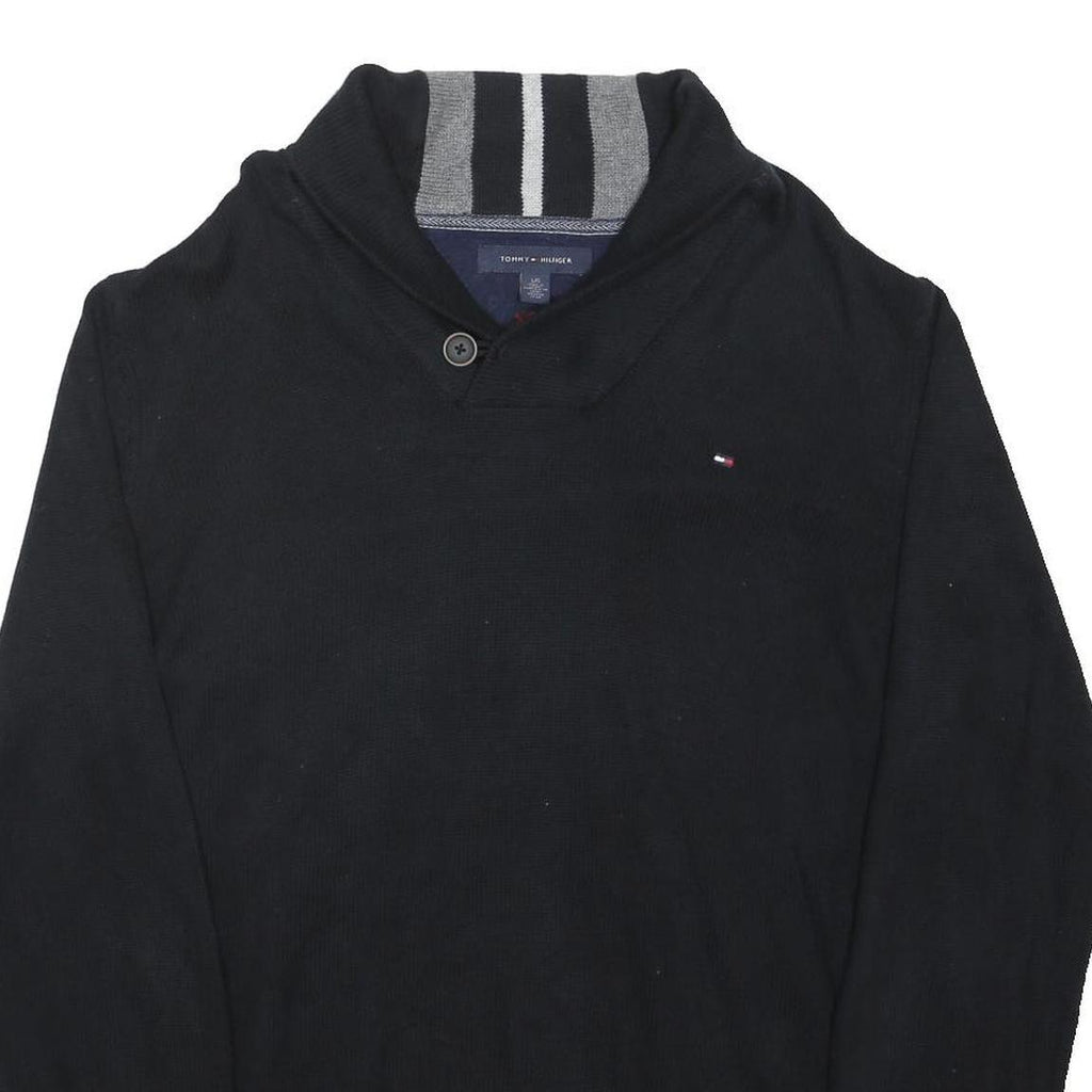 TOMMY HILFIGER Mens Black Cotton Blend Button Jacket L Shawl Collar Knitwear