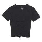 CALVIN KLEIN JEANS Womens Black Ruched Short Sleeve Crew Neck Top S