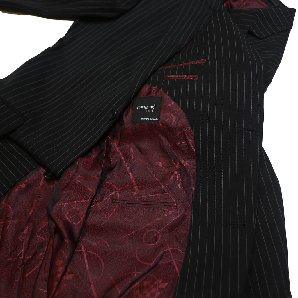 REMUS UOMO Mens Black Pinstripe Wool Blazer Jacket L Woven Tailored Formal