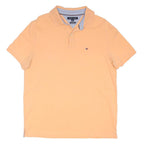 TOMMY HILFIGER Mens Peach Short Sleeve Plain Polo Shirt L Cotton Blend Casual