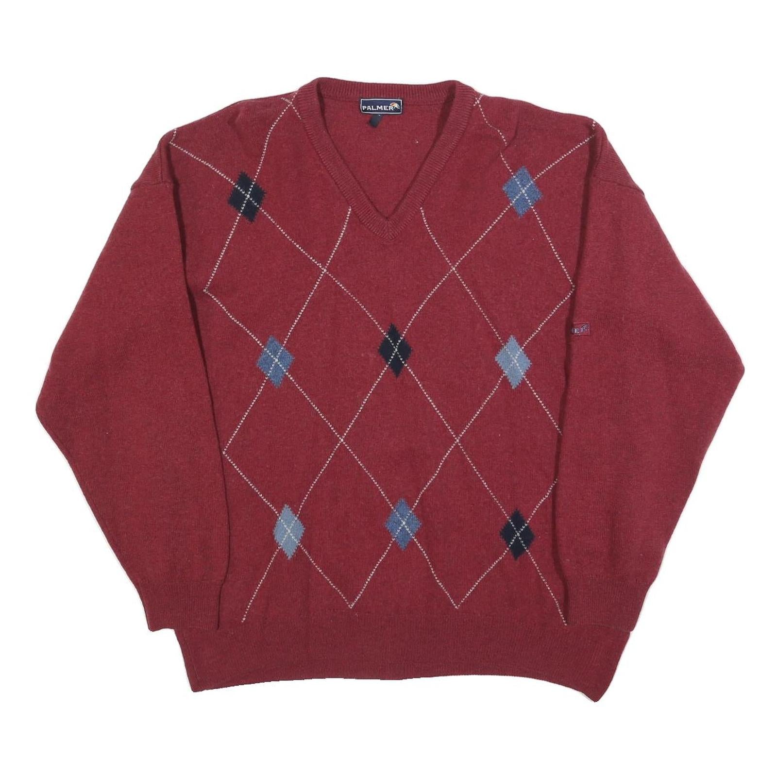 PALMER Mens Red Patterned Jumper V-Neck Basic Knit Wool XL Classic Pullover
