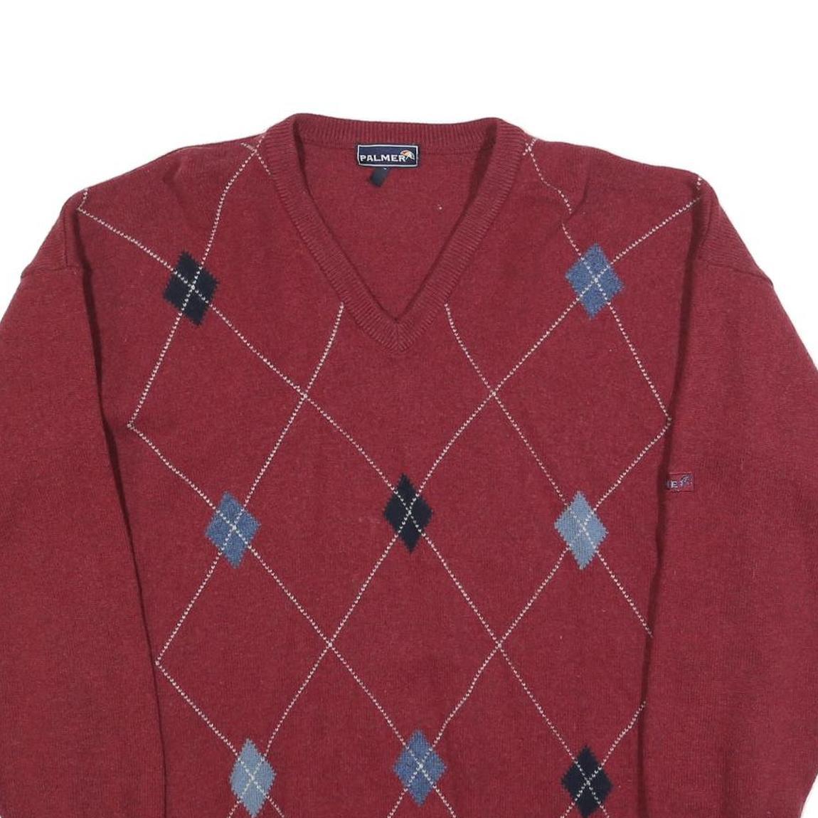PALMER Mens Red Patterned Jumper V-Neck Basic Knit Wool XL Classic Pullover