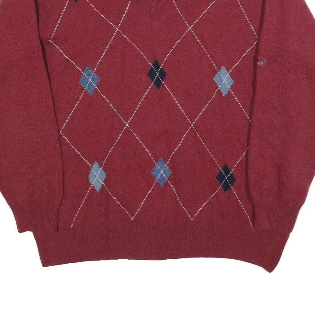 PALMER Mens Red Patterned Jumper V-Neck Basic Knit Wool XL Classic Pullover