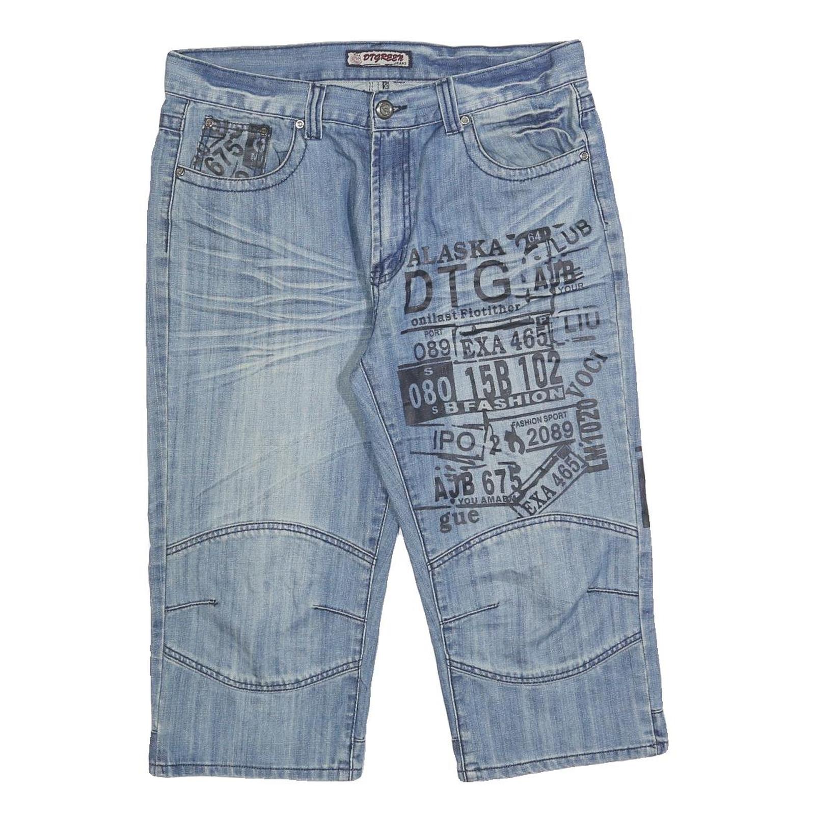 DT GREEN Mens Shorts Blue Denim Casual M W34 Printed Cotton Blend Relaxed Fit