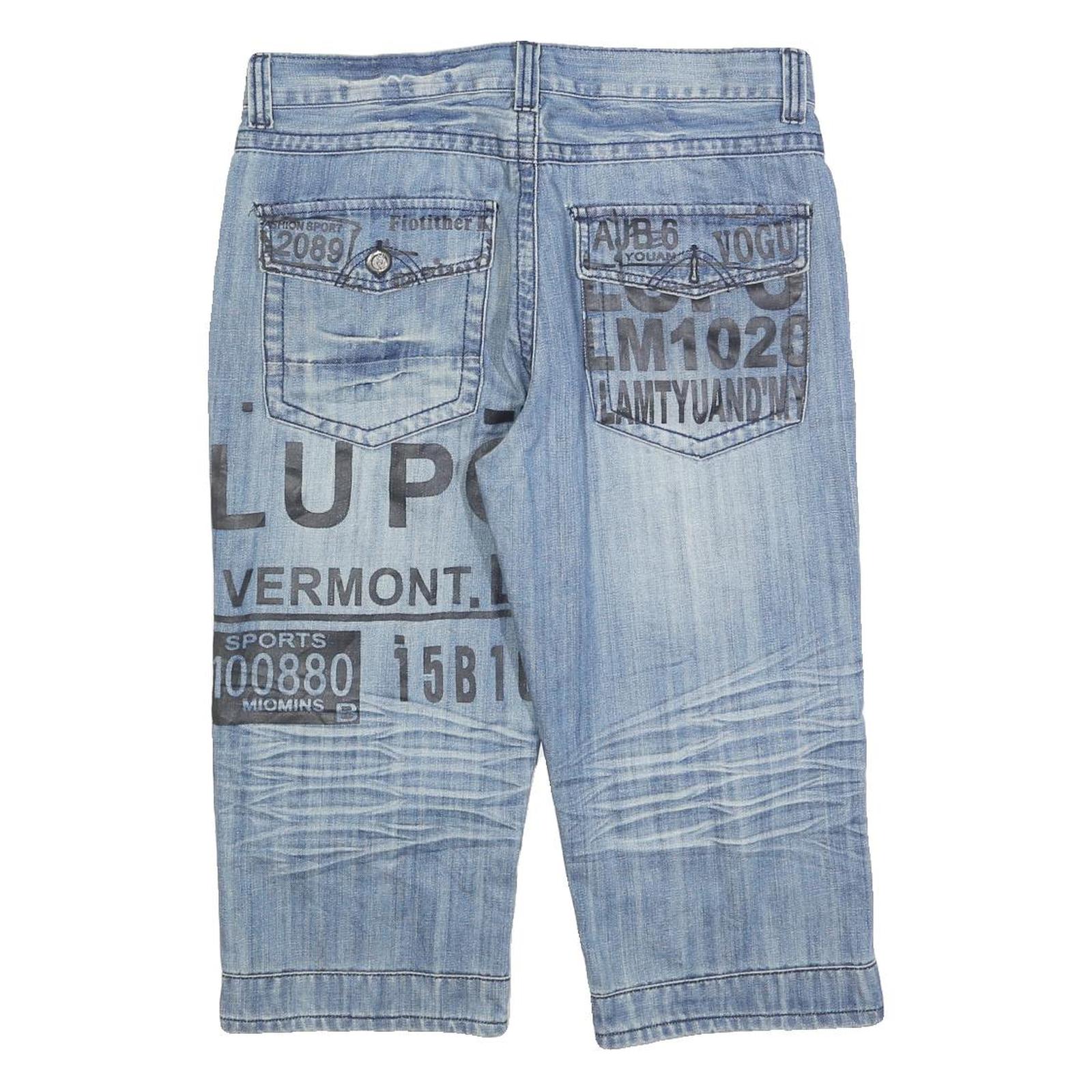 DT GREEN Mens Shorts Blue Denim Casual M W34 Printed Cotton Blend Relaxed Fit