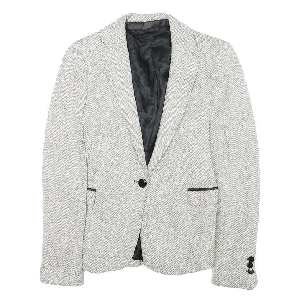 Womens White & Grey Herringbone Plain Button Jacket XS Synthetic Formal Workwear