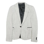 Womens White & Grey Herringbone Plain Button Jacket XS Synthetic Formal Workwear