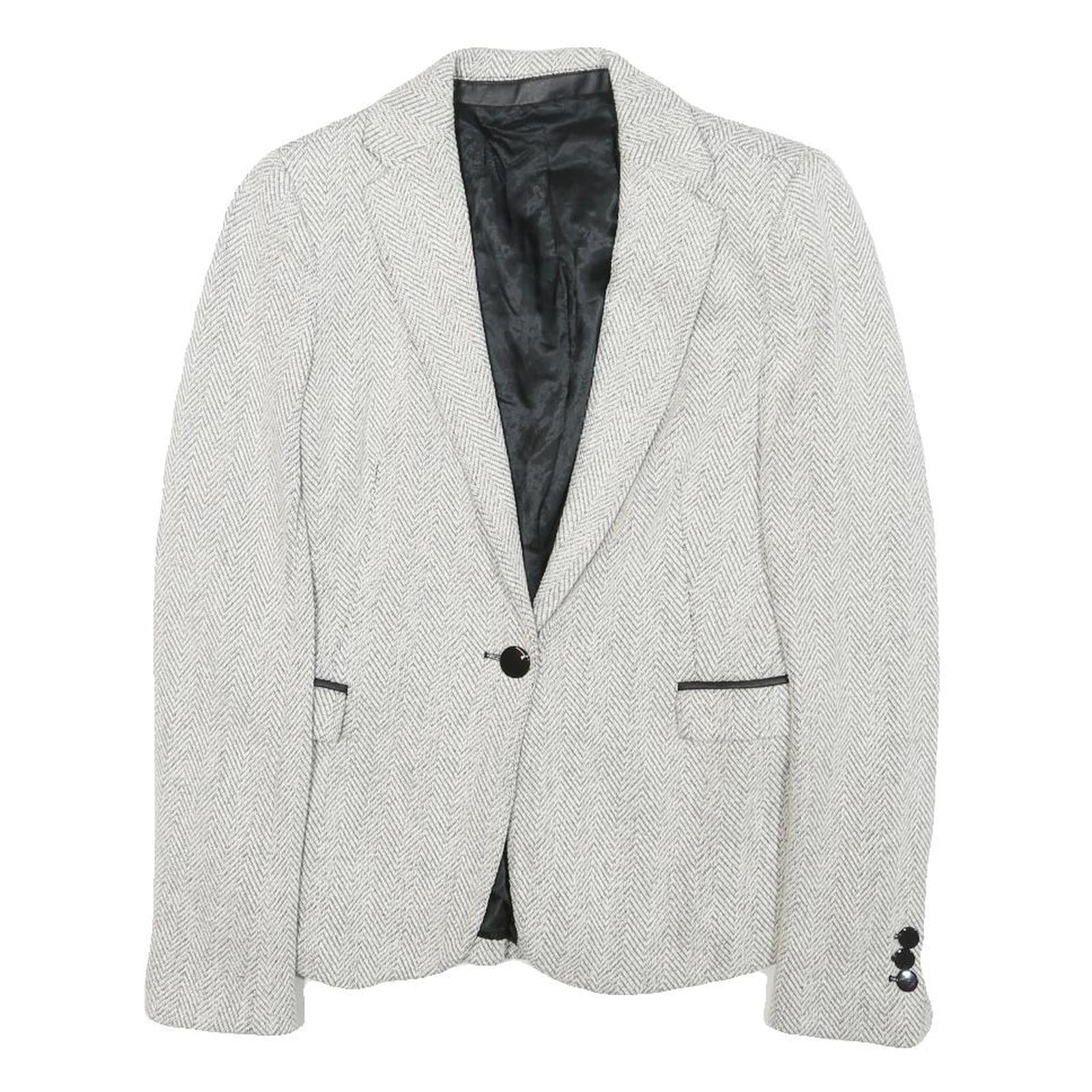 Womens White & Grey Herringbone Plain Button Jacket XS Synthetic Formal Workwear