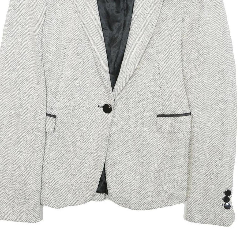 Womens White & Grey Herringbone Plain Button Jacket XS Synthetic Formal Workwear