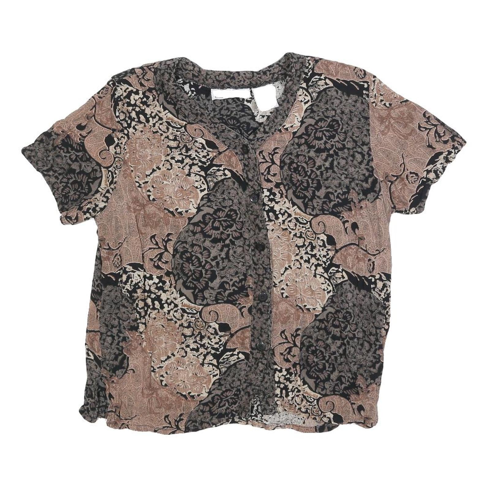 CALIFORNIA KRUSH Womens Black & Beige Printed Button Neck Short Sleeve Top S