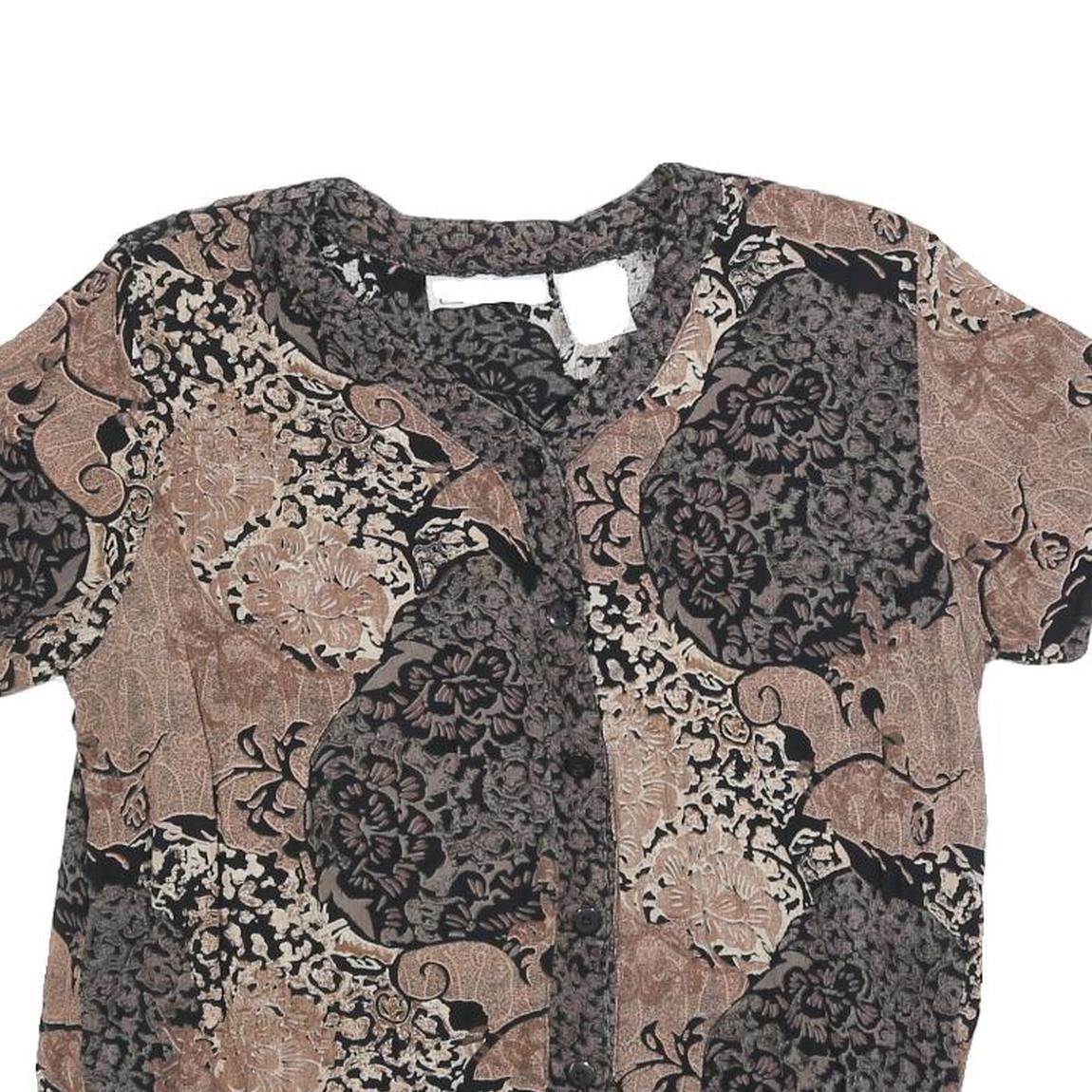 CALIFORNIA KRUSH Womens Black & Beige Printed Button Neck Short Sleeve Top S