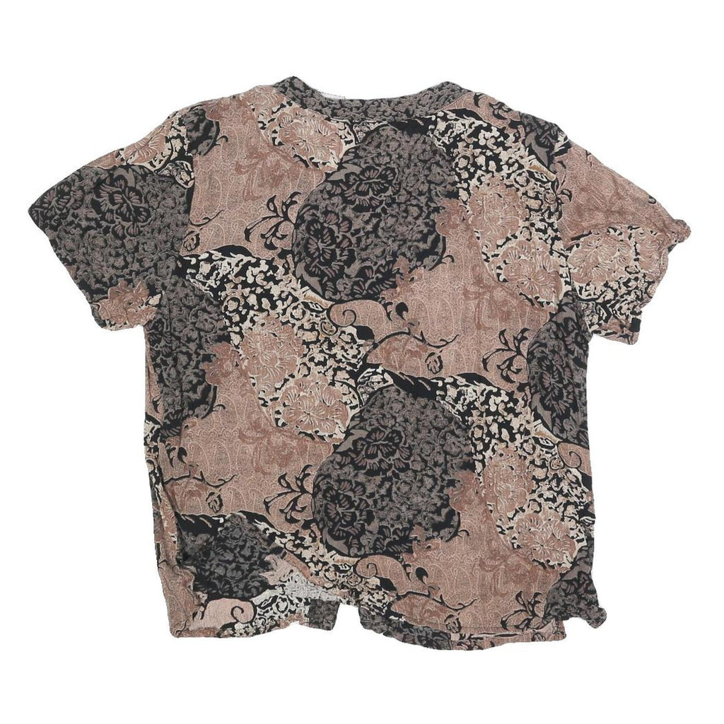 CALIFORNIA KRUSH Womens Black & Beige Printed Button Neck Short Sleeve Top S
