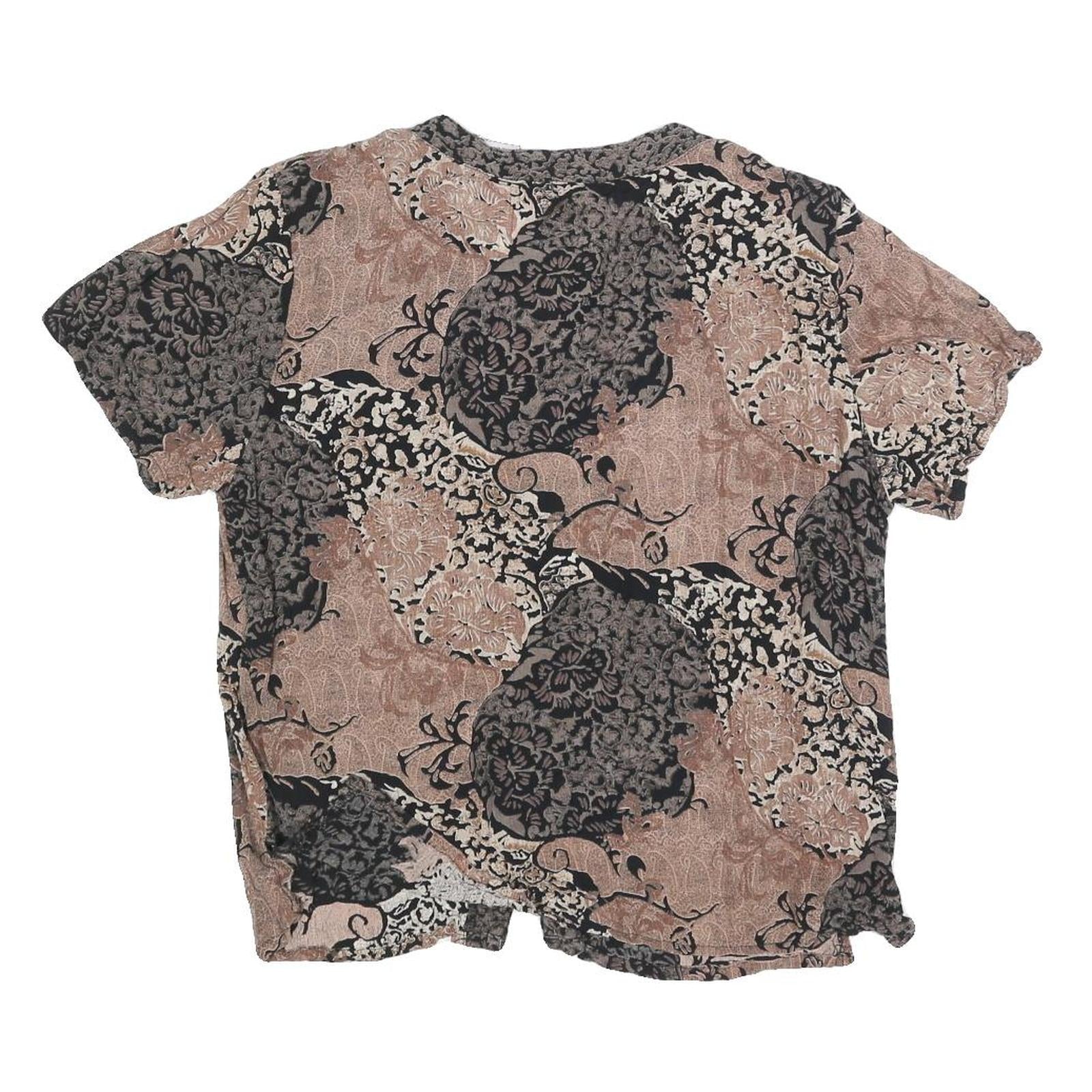CALIFORNIA KRUSH Womens Black & Beige Printed Button Neck Short Sleeve Top S