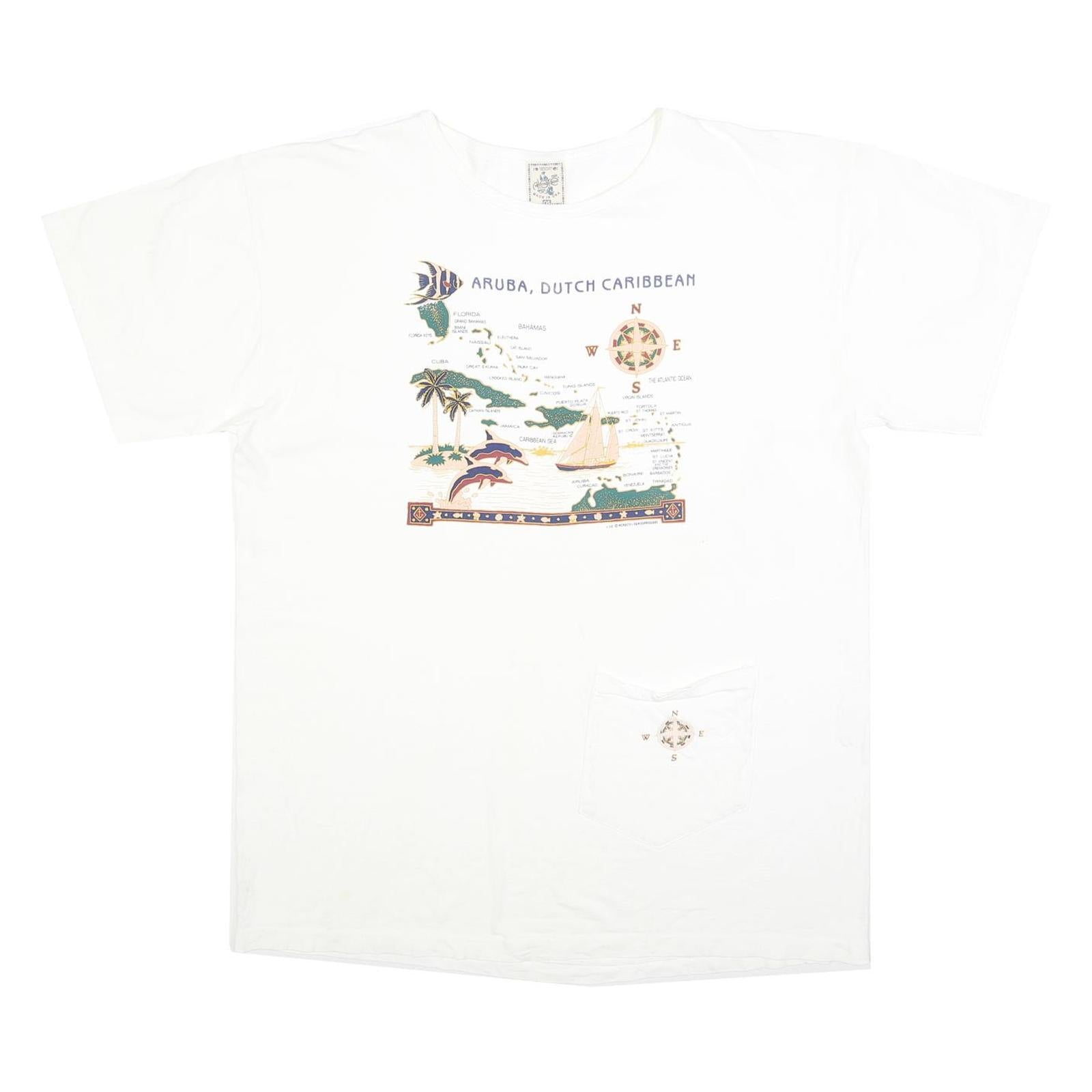 ALORE Mens White Graphic T-Shirt One Size Short Sleeve Crew Neck Aruba Map Print