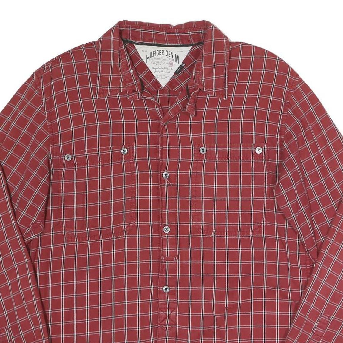 HILFIGER DENIM Mens Red Check Shirt L Casual Cotton Long Sleeve Button